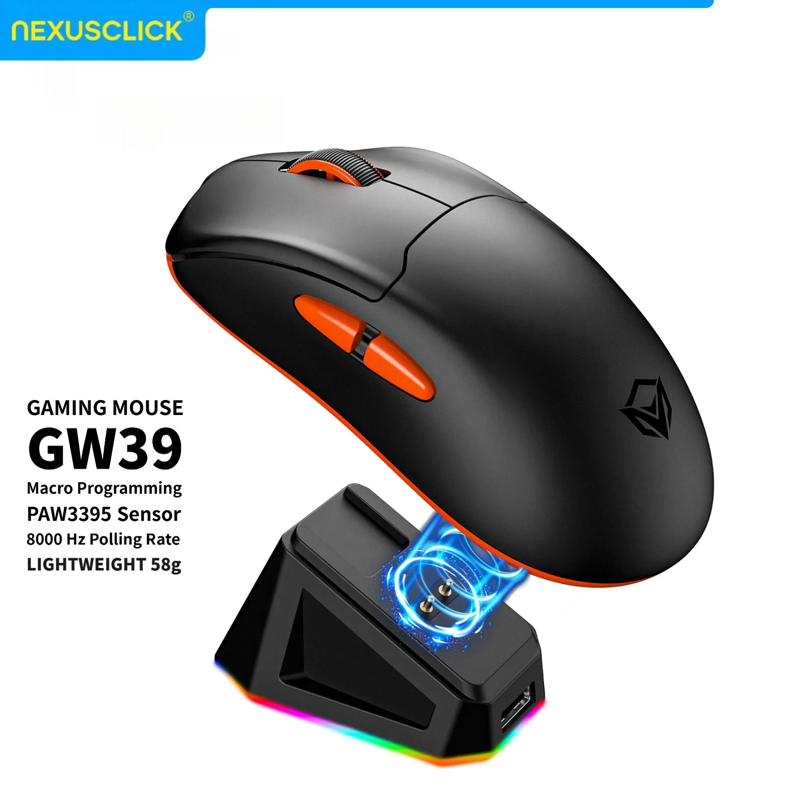 raton-inalambrico-para-juegos-nexusclick-tri-mode-paw3395-26000dpi-58g-ligero-programable-con-macros-base-de-carga-rgb-esports-para-pc