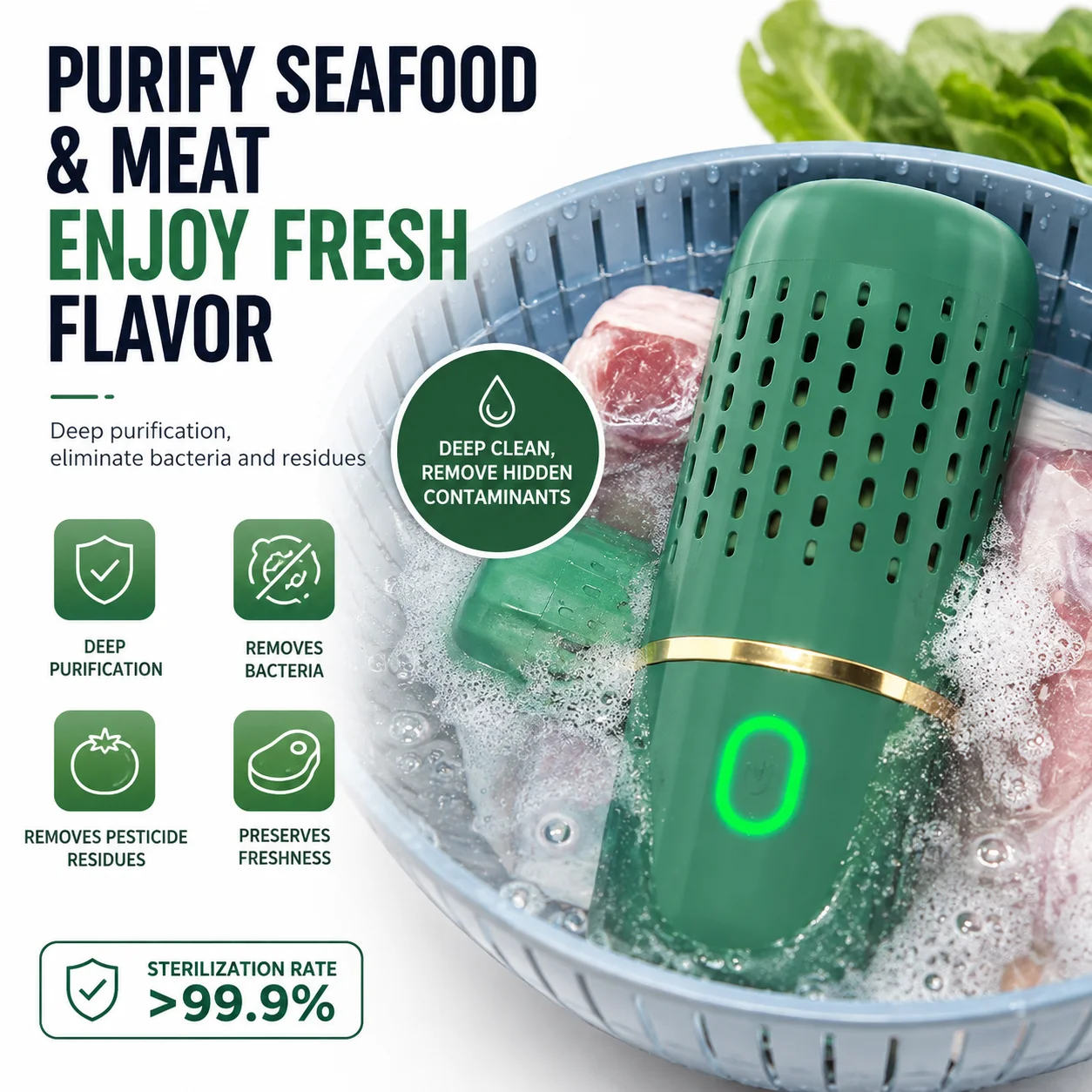 OH-Ion Technology Capsule Shape Produce Cleaner,Auto Clean Fruits Vegetables Grains Rice Meat Seafood in 10 Mins,IPX7 Waterproof