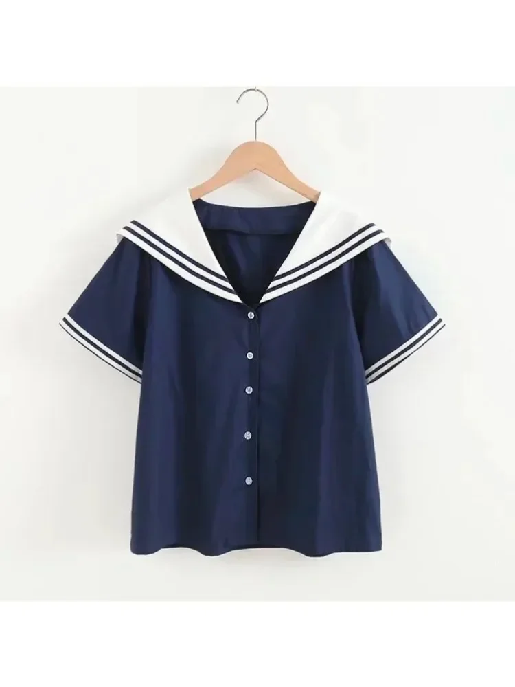 High Quality 100% Cotton  Blouse Mori Girls Summer JK Sailor Collar Short Sleeve White Navy Blue Blouses School Uniform Top