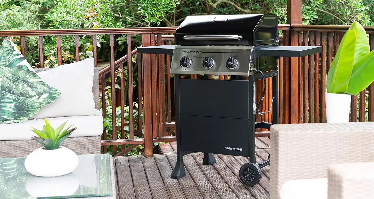 3-Burner Propane Gas Grill with 2 Foldable Side Tables, 30000 BTUs, Perfect for Camping, Outdoor Cooking,Silver and Black.