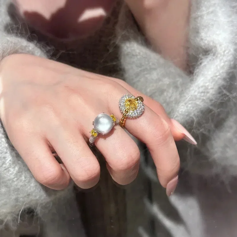 Classic gentle style natural ice chalcedony rings for women light luxury silver 925 yellow crystal ring fashion wedding jewelry