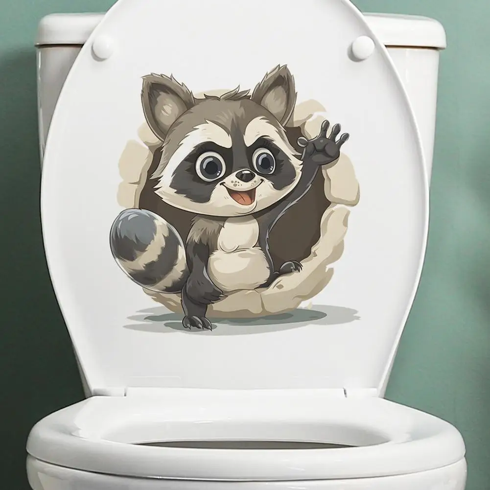 Breaking Wall Raccoon Toilet Sticker Removable Self-adhesive Waterproof PVC Living Room Bathroom Wall Art Animal Toilet Lid Deco