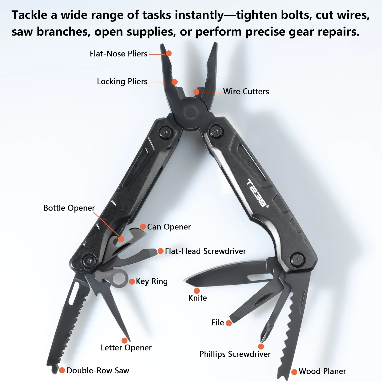 T238 Multi-Function Folding Pliers CNC aerospace-grade aluminum Handles 2Cr13 martensitic stainless steelles Forged Jaws Blades