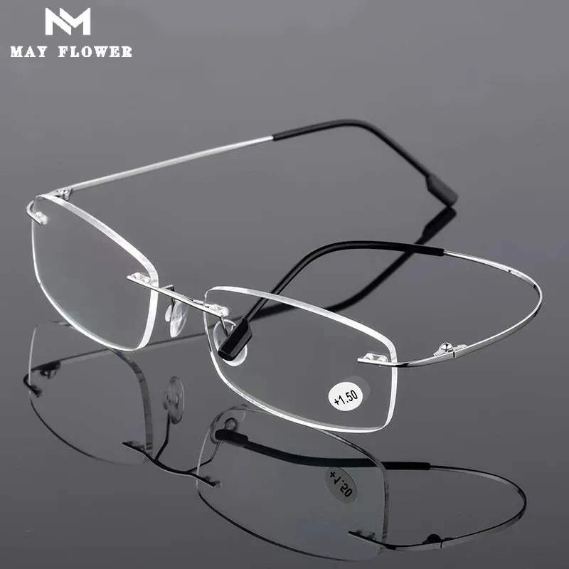 Plus Lesebrille Männer Randlose Legierung Rahmen Luxus Anti Blau Licht Presbyopie Brille Vergrößerung Presbyopie Klare Gläser + 1,0