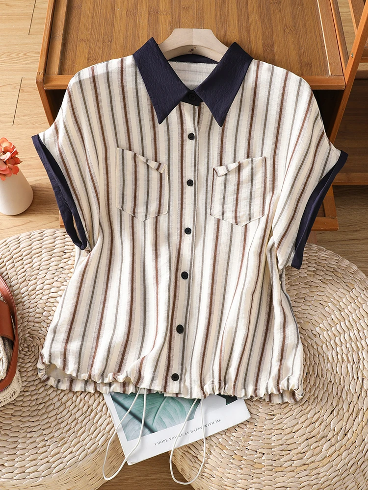 

Korean Japanese High End Short Sleeve Women's Top Loose Fit Summer Versatile Slimming Stripe T-Shirt Casual Artistic Style