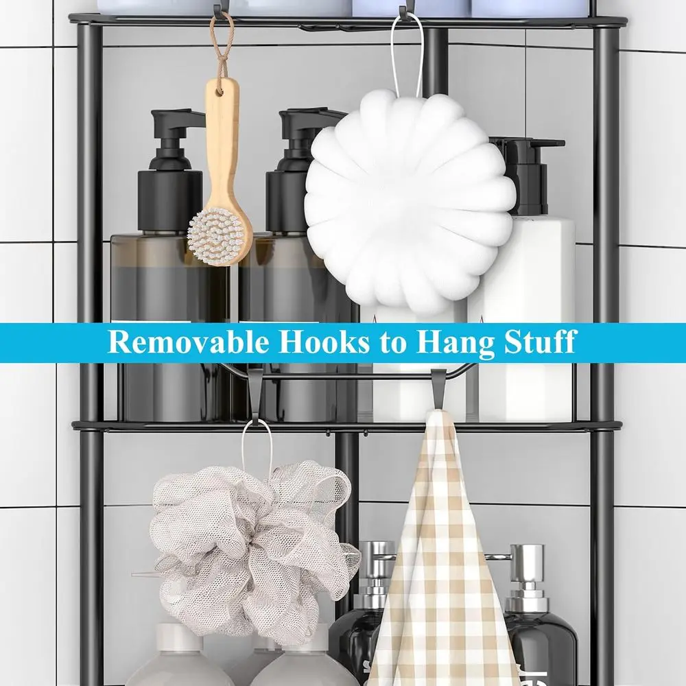 Corner 5-Tier Shower Caddy Organizer with Hooks, Black Bathroom Shelf Stand Rack