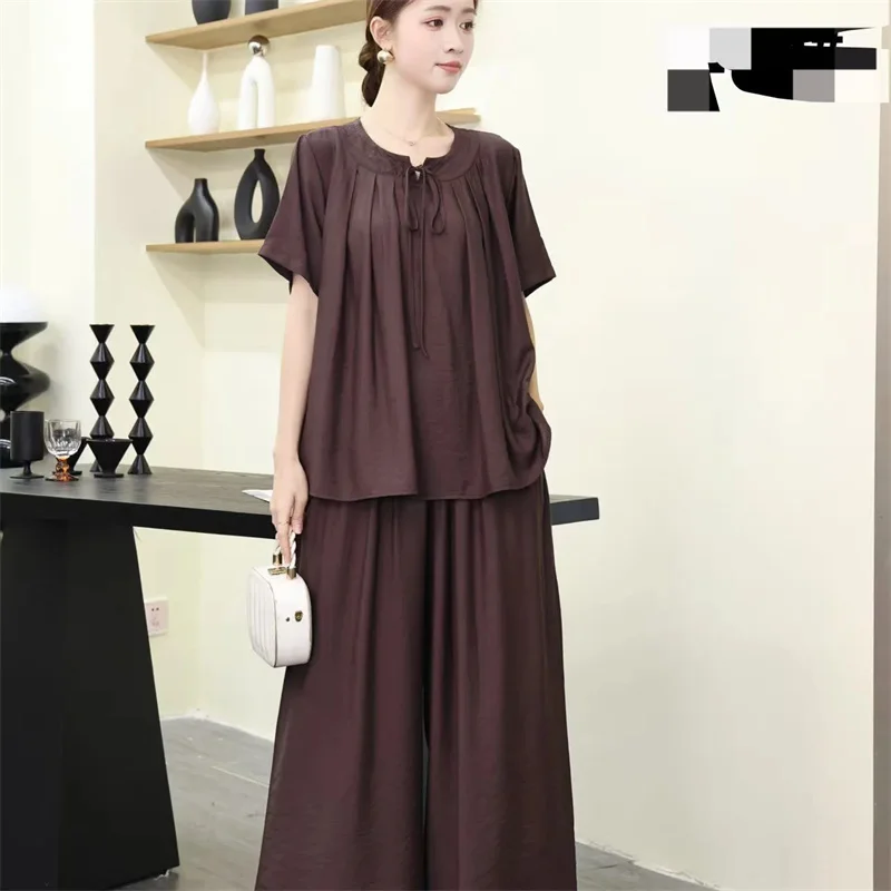 

Summer New Casual and Fashionable Set for Fat People Loose Meat Covering Age Reducing Top Straight Leg Wide Pants Two Piece Set