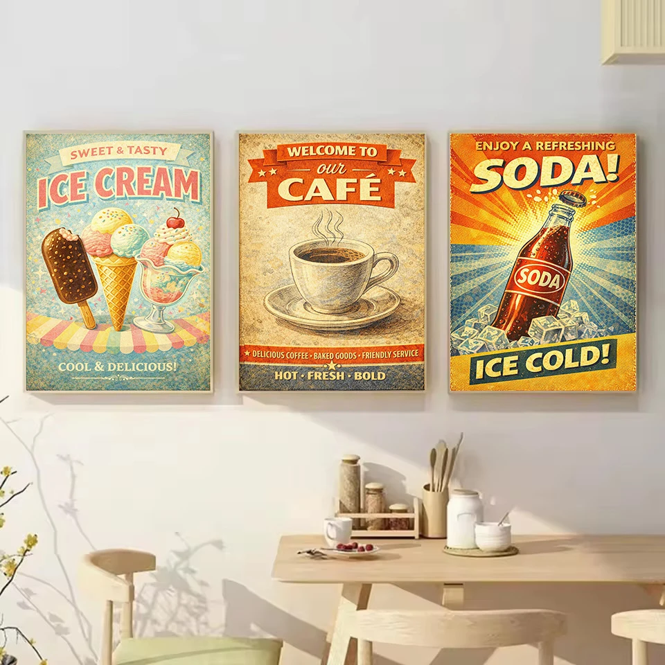 Vintage Old Food Advertisement Coffee Espresso Fresh Baked Ice Cream Poster Canvas Painting Wall Art Pictures Home Decor