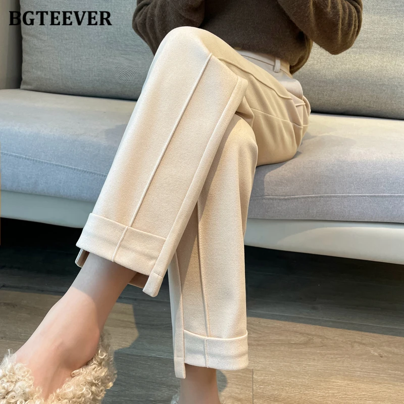 

BGTEEVER Winter Thicken Warm Female Harem Trousers Casual Elastic High Waist Pockets Ladies Woolen Pants