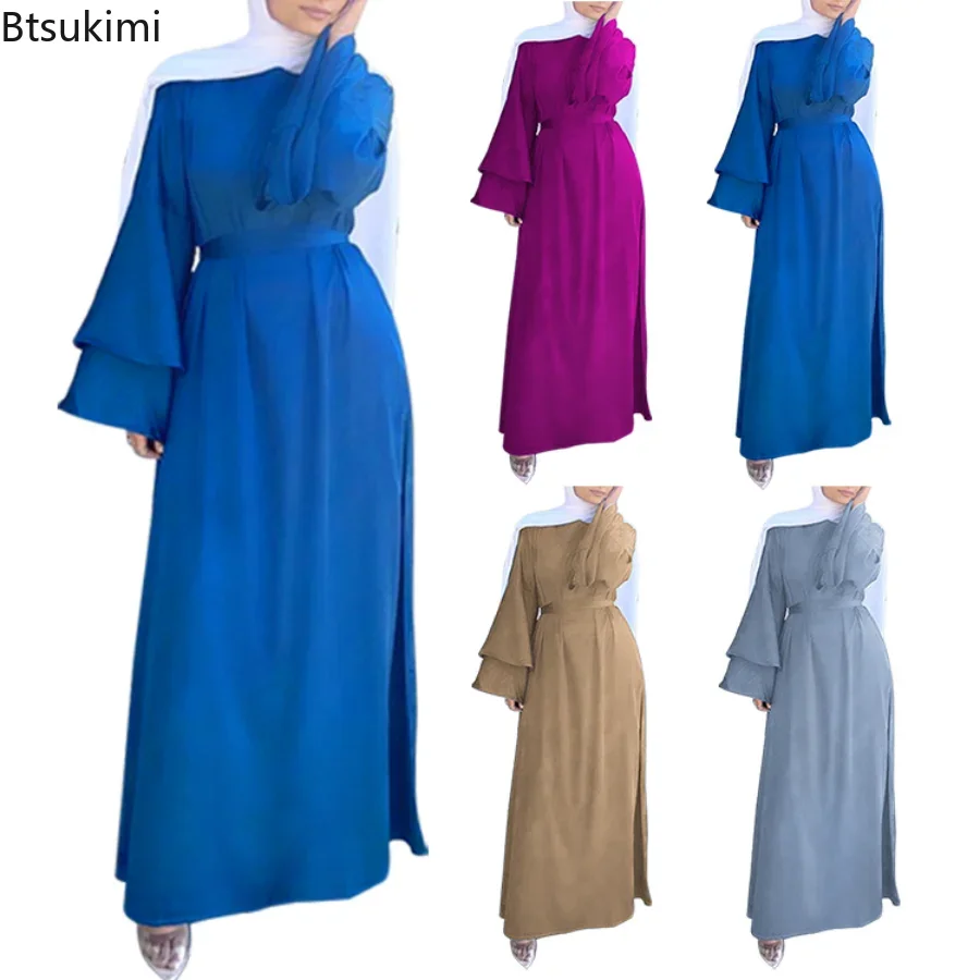 

New 2024 Women's Elegant Muslim Long Dress Solid Double Layered Flared Sleeve Robe Dress Femme Musulm Vestidane Islamic Clothing