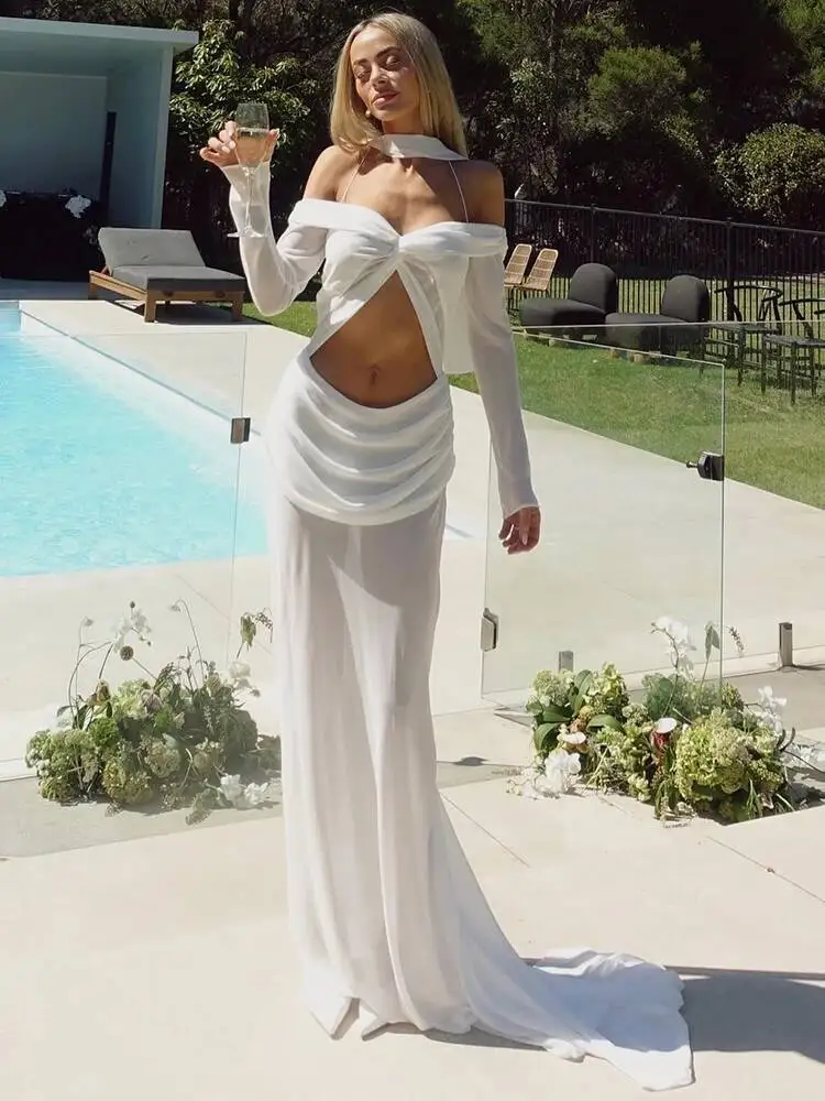 Vestido largo Sexy fruncido ahuecado para mujer, vestido Halter de manga larga sin tirantes y espalda descubierta drapeado, vestido largo elegante ajustado Y9TY