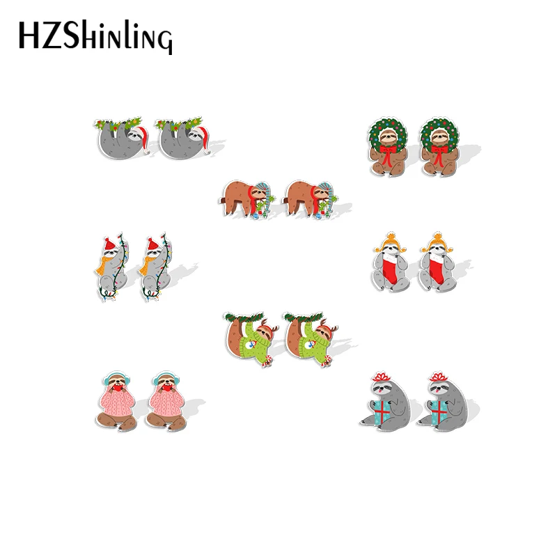 2022 New Christmas Sloths Stud Earring Funny Animal Acrylic Resin Earrings Epoxy Handmade Jewelry Gifts Friends