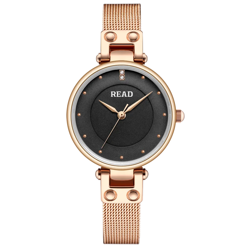 READ Women Quartz Watch | Matte Black Minimal Dial | Rose Gold Milanese Mesh Band | 30M Water Resistant Folding Clasp Watch