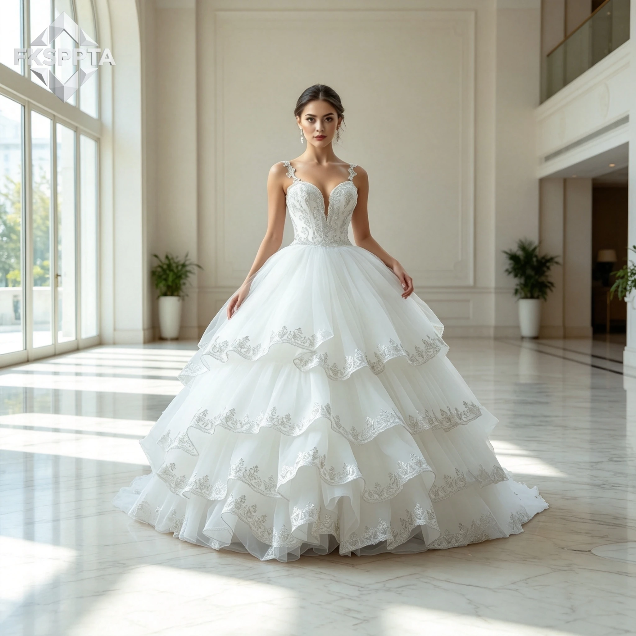Graceful Tiered Ball Gown Wedding Dress Silver Lace Appliques Spaghetti Straps Corset Back Tulle Plus Size Bridal Gowns