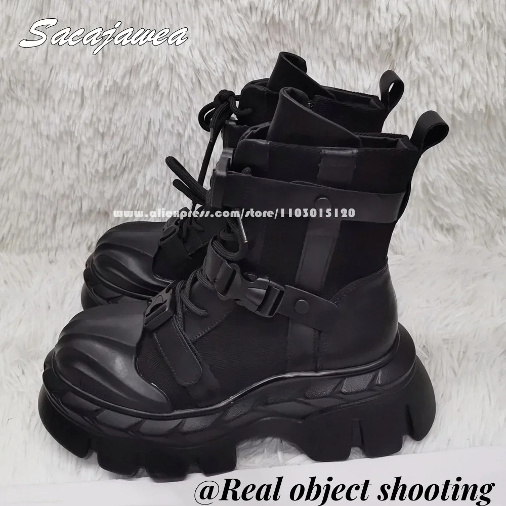 Top Layer Cowhide Punk Style Thick Sole Mid Calf Motorcycle Boots Autumn New INS Y2K Cool Girl Boots Round Toe Platform Shoes