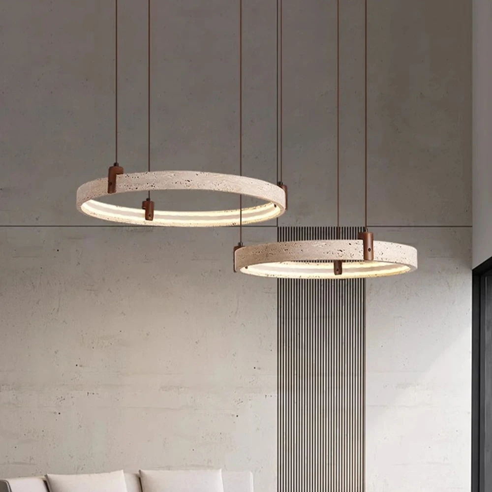 

Wabi-sabi Style Natural Stone Pendant Lights Travertine Ring Suspension Luminaire Living Dining Room Home Decor Chandeliers