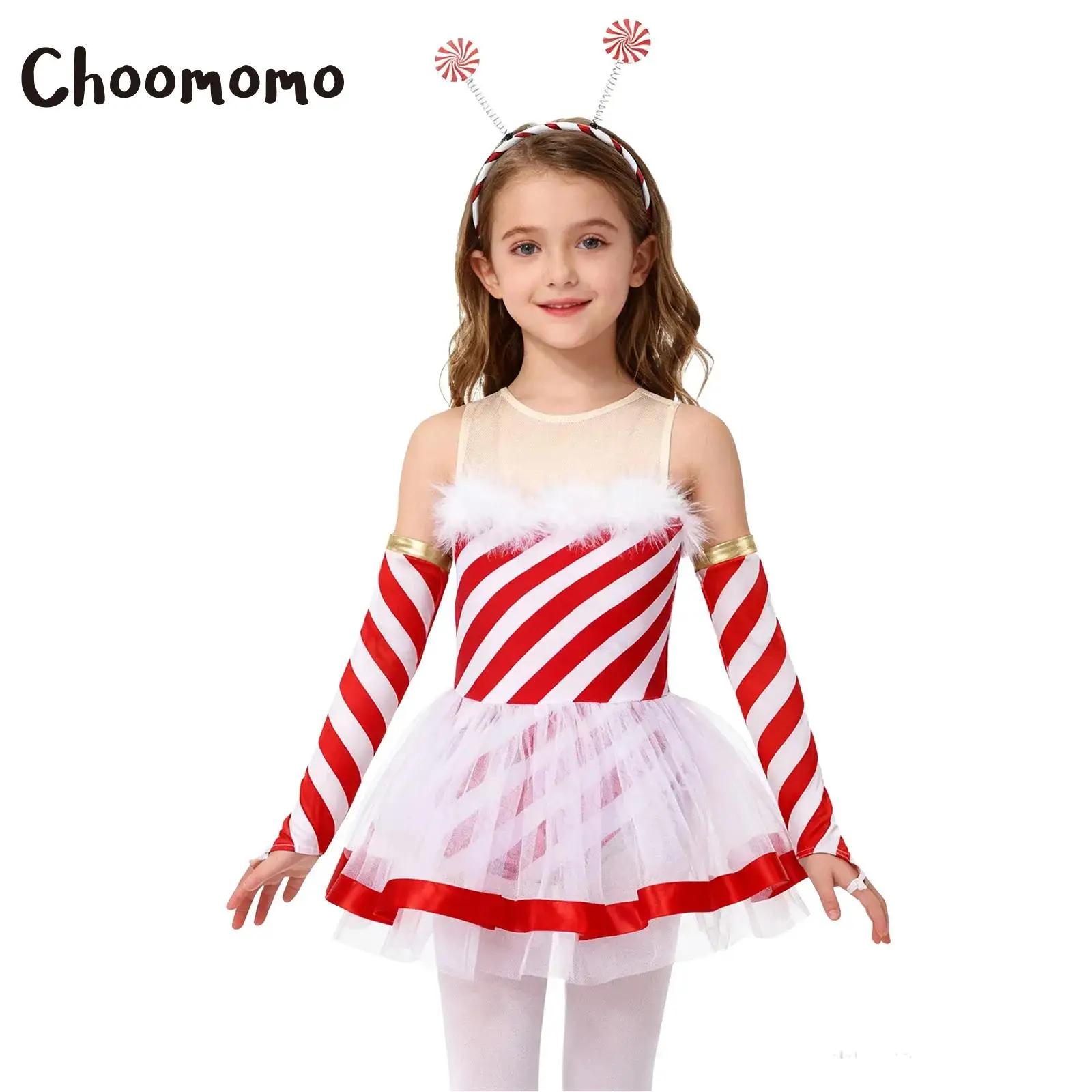 

Girls Christmas Dance Costume Dress Candy Cane Striped Ballet Tutu Dress with Oversleeves +Hair Hoop Skating Leotard Dancewear