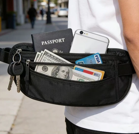 3-in-1 インビジブルナイロンウエストパック - 旅行/学校/ジム用の超軽量スリングバッグ、調節可能なストラップ付きの防水隠しポケット