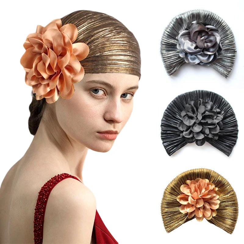 

New Women Gold Silver Big Flower Turban Hijab Bonnet Muslim Indian Hat Elastic Chemo Beanies Chemo Cap African Hat Headwear