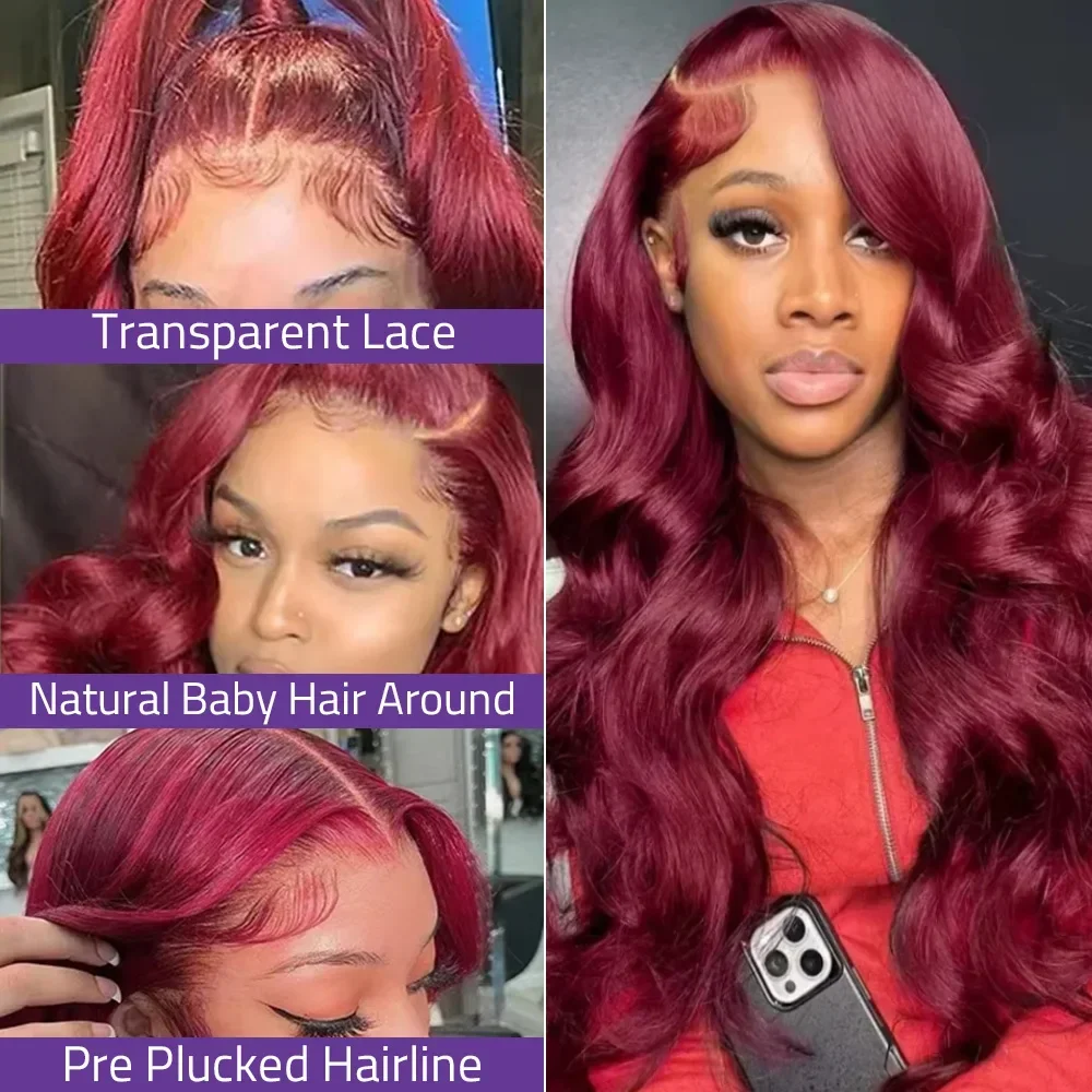 99J Burgundy 360 Full HD Lace Frontal Wig Body Wave 13X6 Lace Front Red Colored Human Hair Wigs for Women 5x5 On Sale Clearance