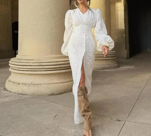 

Autumn New Solid Color Long Sleeved V-Neck Waist Cinched Slit Tied Dress for Women's Fashionable Slim Fit Lantern Sleeve Dress