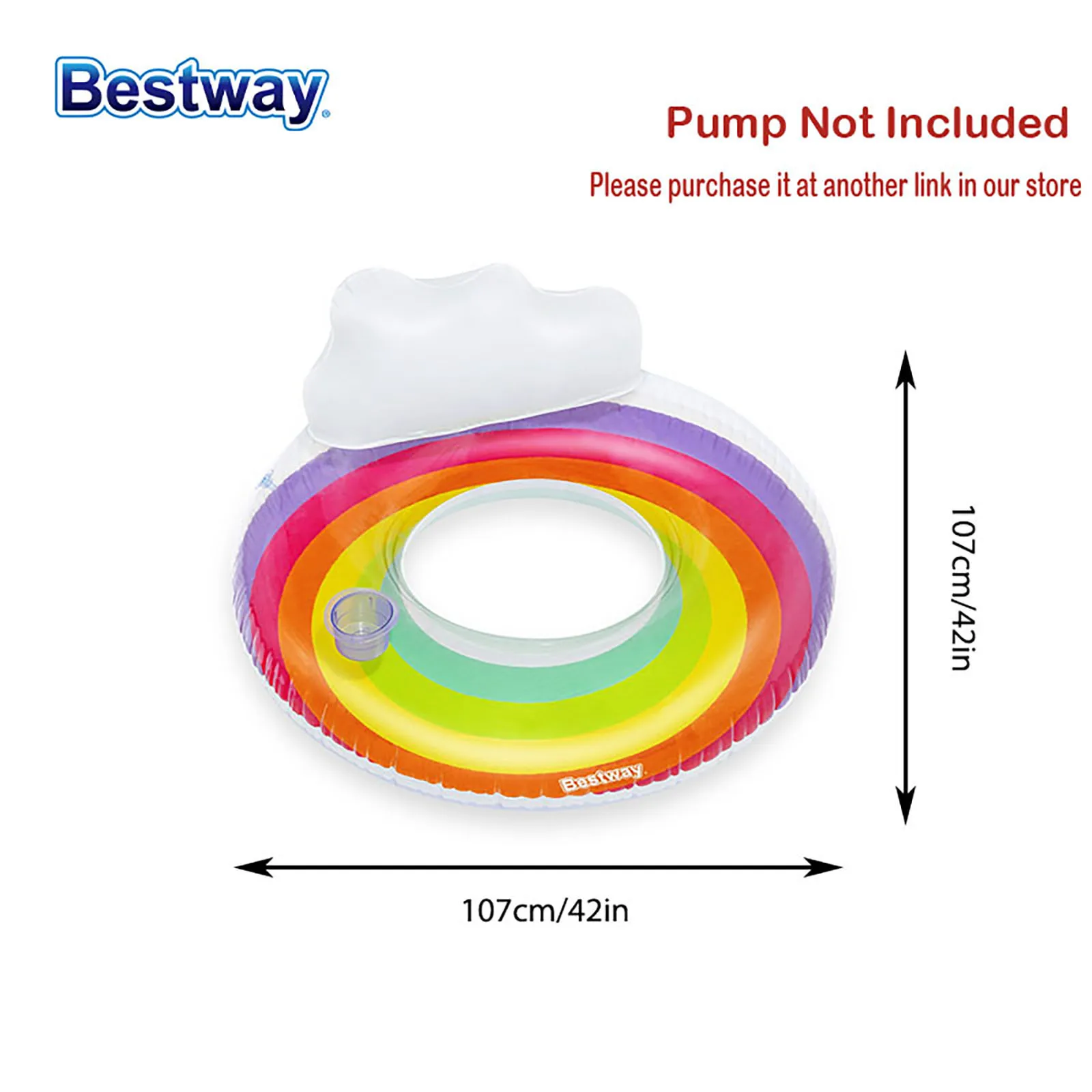 Bestway-inflável arco-íris sonhos nadar anel, flutuador, arco-íris colorido com decoração de nuvem branca, 43647