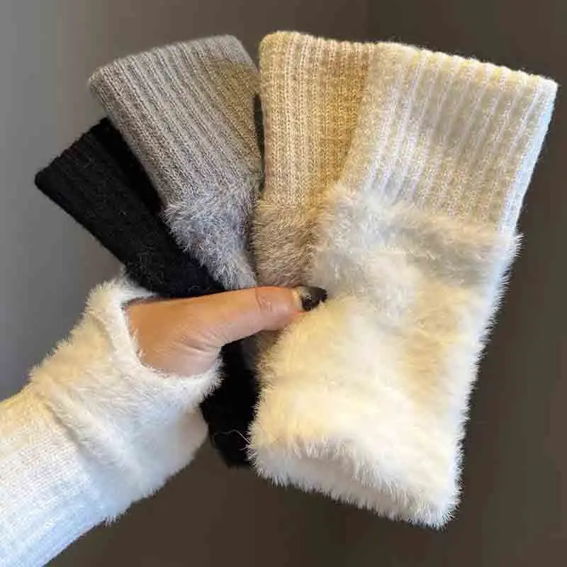 Mink Fleece Soft Winter Half Finger Gloves Women Warm Luxury Solid White Plush Knitted Fingerless Gloves Wrist Mittens Writting