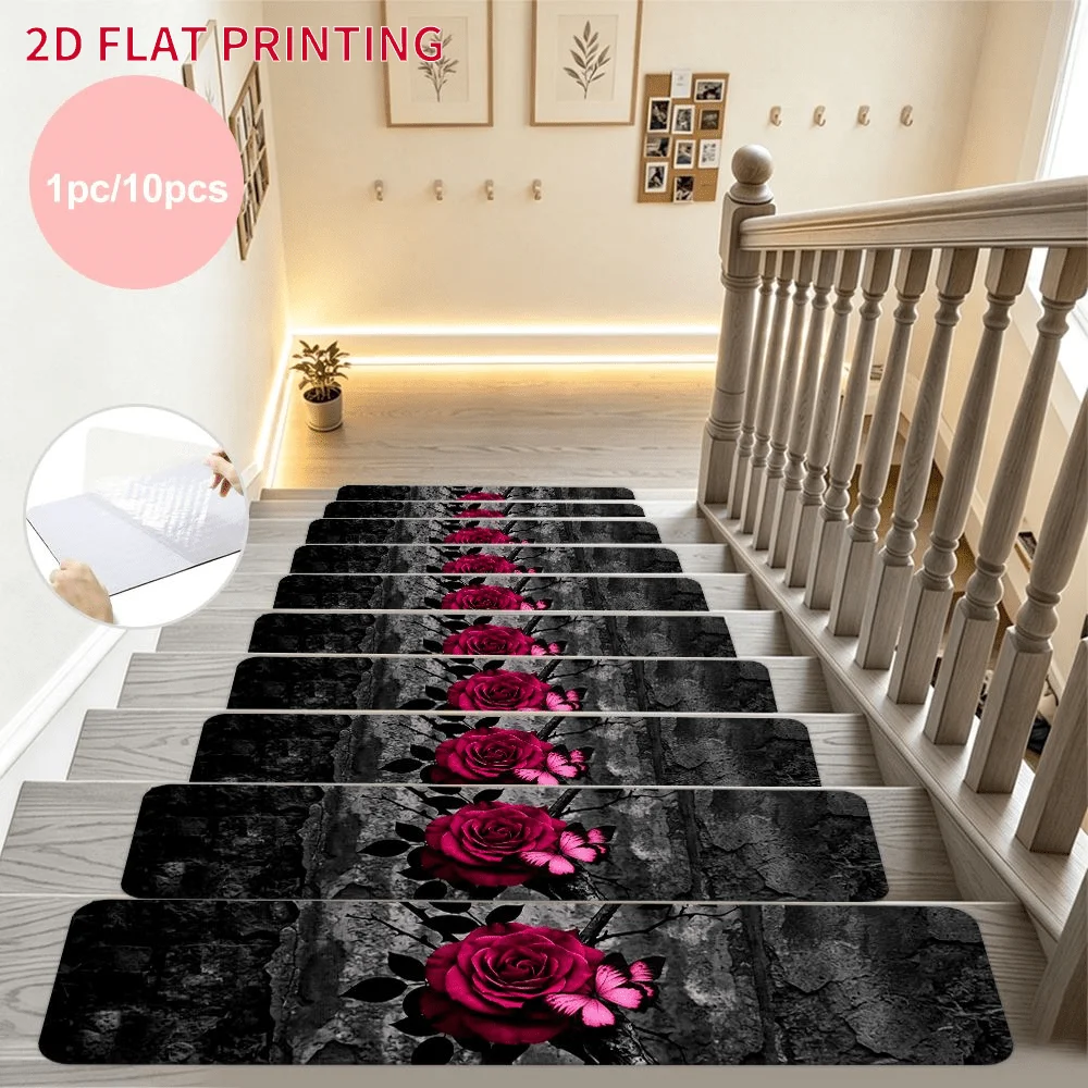 2D FLAT Printing Set of Stair Mats, Red Roses On Black Stone Background Pattern, Easy to Clean Stair Tread Carpets.