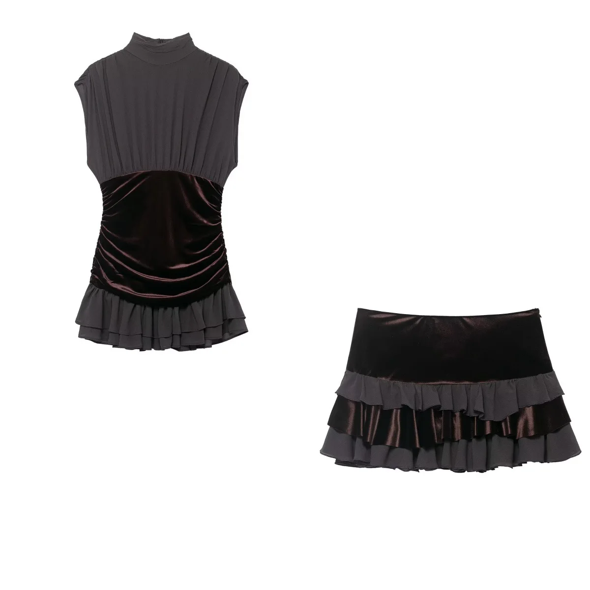 طقم تنورة مكون من قطعتين قميص نسائي بدون أكمام مطوي شتوي عصري بقصة ضيقة وطبقات مدورة قميص مثير على شكل حرف a