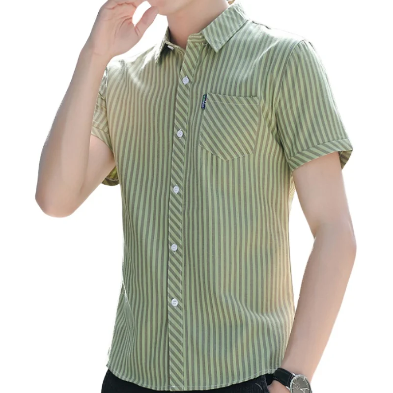 Summer Men's Lapel Vertical Striped Short Sleeve Shirt Fashion Business Casual Slim Fit Handsome Half Sleeve Pockets Shirt