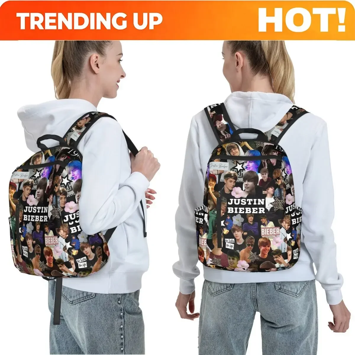 Custom Bag Justin Bieber Backpack Large Capacity Boys Girls BookBag School Bag Shoulder Bags For Men Women