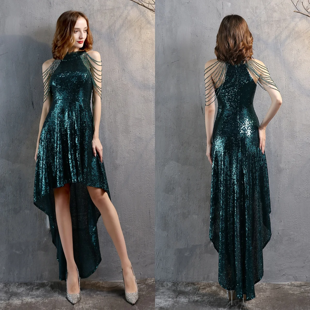 Evening Dresses Green Sequins Stretchy Halter Beads Zipper Back Mermaid Trumpet high low Ankle Length Women Party Formal Gown