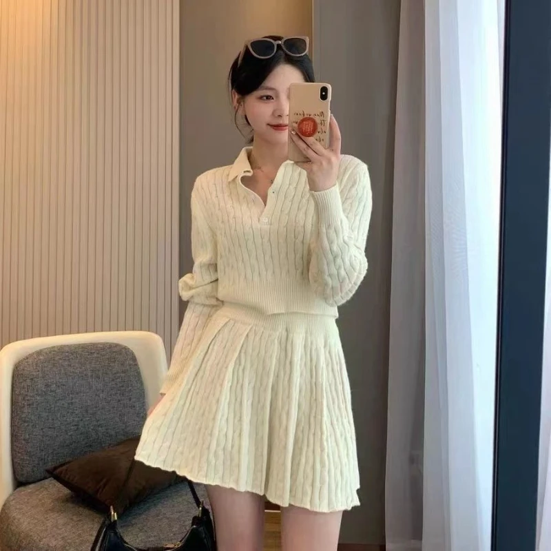 Sweater Short Dresses Women Autumn Korean Fashion Preppy Style Knit Two Pieces Set Female Casual Solid Color Pleated Skirt Suit