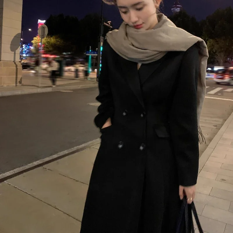 Abrigo negro Hepburn de lana de viento con doble botonadura, cuello de traje para mujer, nuevo abrigo de Tweed de estilo largo de algodón con Clip adelgazante de cintura Premium