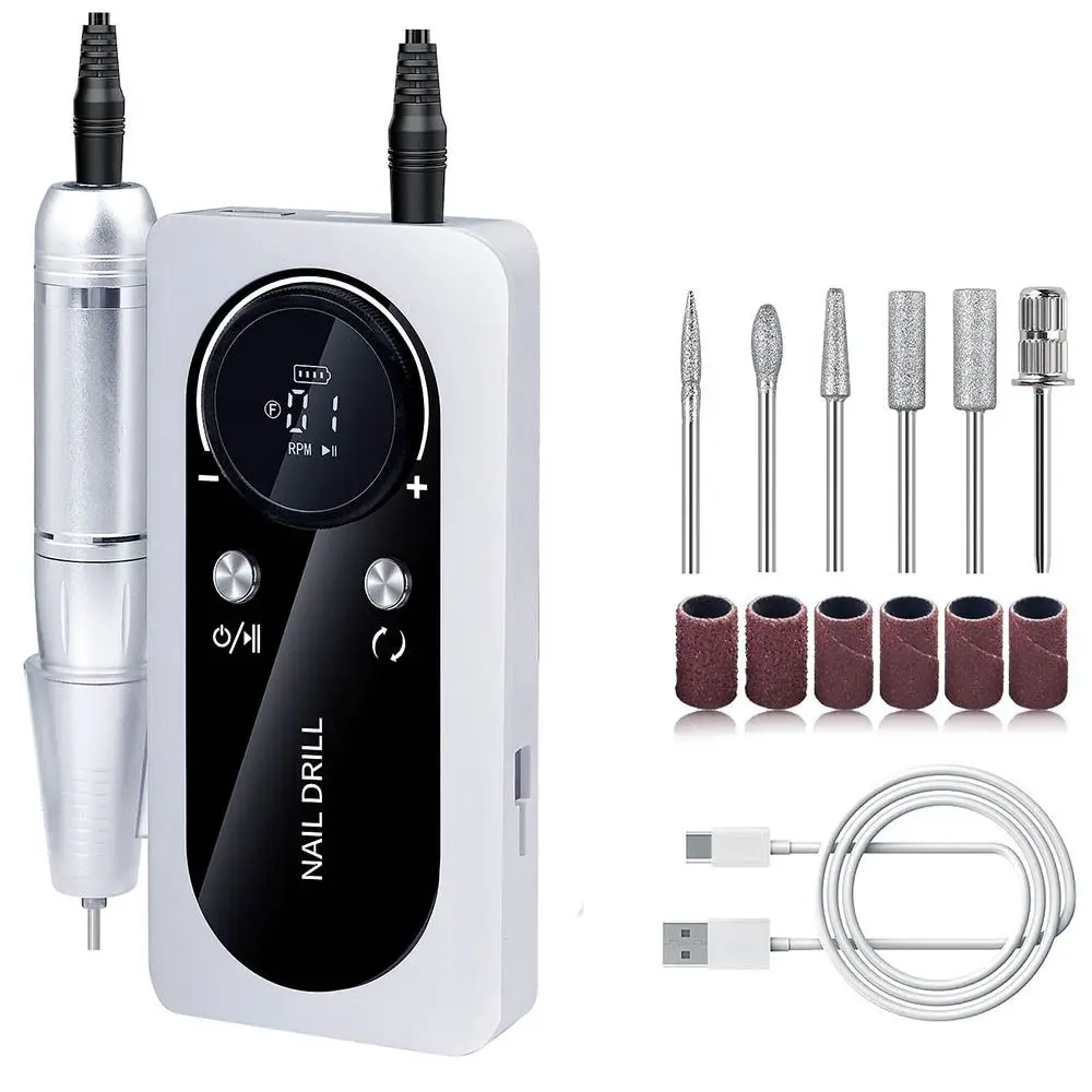 

45000RPM Nail Drill Machine USB Rechargeable 6 Bits Electric Nail File Low Noise Sanding Bands Nail Sander File Salon Tool