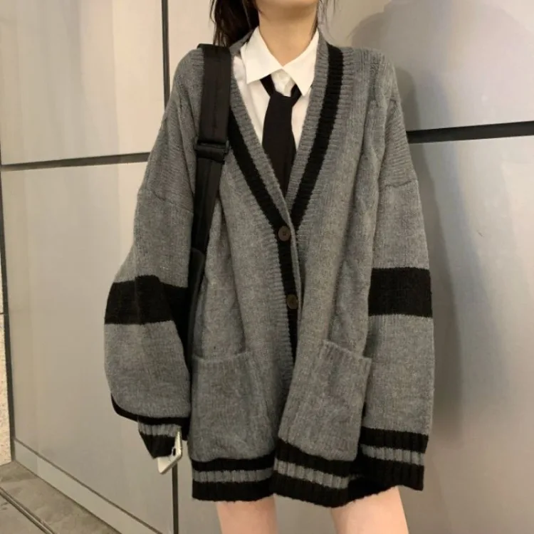 2024 Autumn Winter New Knitted Cardigan Tops Lazy Loose Long Sleeve V-neck Coat Women Y2k Grunge Mid-length Sweater Mujer