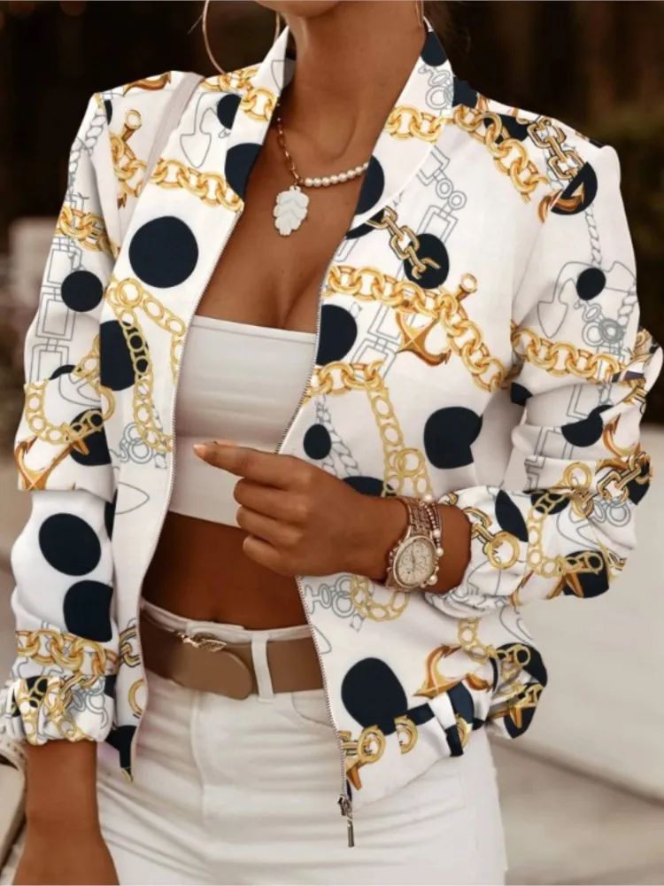 Fashion Women Jackets Slim Short Coats Autumn Vintage Print Long Sleeve Zipper Thin Jacket 2025 Casual Outerwear Female Jacket