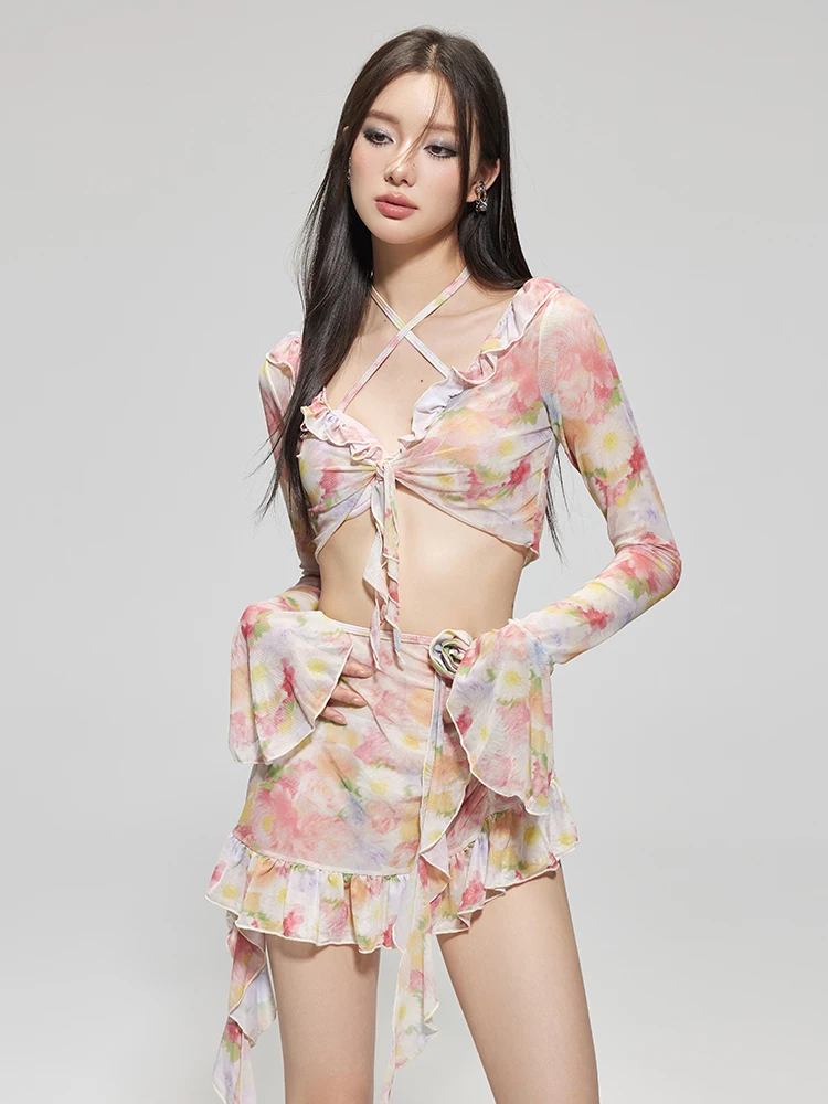 

Vacation Pure Desire Atmosphere Oil Painting Swimwear with Sash for Women Thermal Spring Beach Tankini V-neck Polyester Material