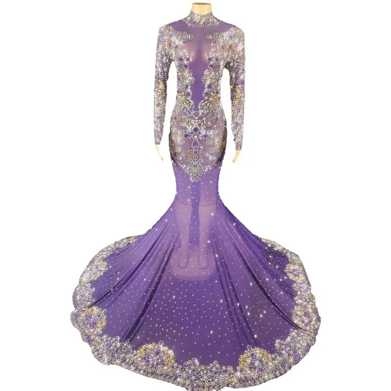 เพชรชุดวันเกิดขายร้อนนักร้องหญิงGorgeous Court Rhinestoneสีม่วงชุดผลกําไรในรอบเต้นรําVestidos De Fiesta De Lujo