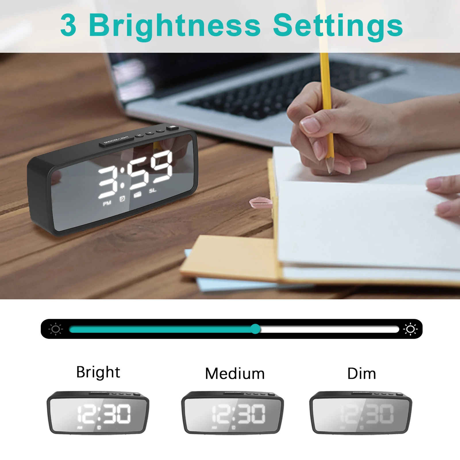 5.1'' Digital Alarm Clock Radio, Mirror Alarm Clock 3 Levels Dimmer FM Radio with Sleep Timer Adjustable Volume, Dark Mode Alarm