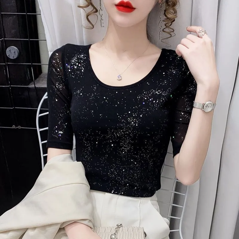 Summer Lady Mesh Tops Round Neck Short sleeved Bright Silk Tees Korean Fashion Black T shirt Women