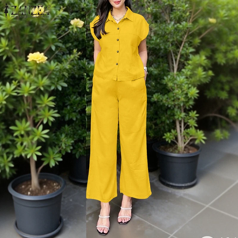 

Women's Casual Pant Sets Wide Leg Pant & Short Cap Sleeve Shirt 2 Pieces Sets ZANZEA Summer Commuting Solid Pant Suits Outfits