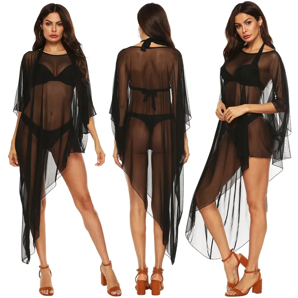 Lace Beach Cover Up Black Mesh Tunics Kaftan Women Swimsuit Sheer Pareo Bikini Cover-up Ladies See Through Beach Wear Dress Wrap
