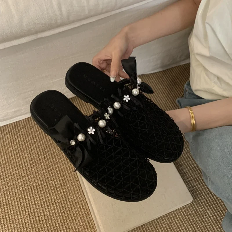 

Pearl Decoration Mesh Flats Sandals Women Weaving Hollowed-out Mules Slippers 2025 Summer Outerwear Shoes Female