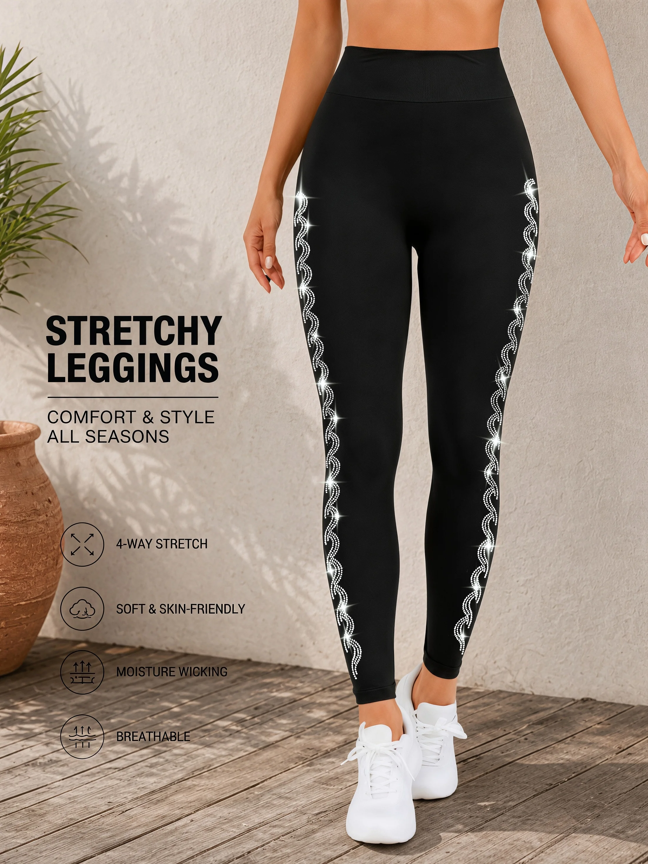 Women's Side Rhinestone Ankle Leggings Fashion Sexy Stretch Casual Sports Leggings for Daily Commute Outings
