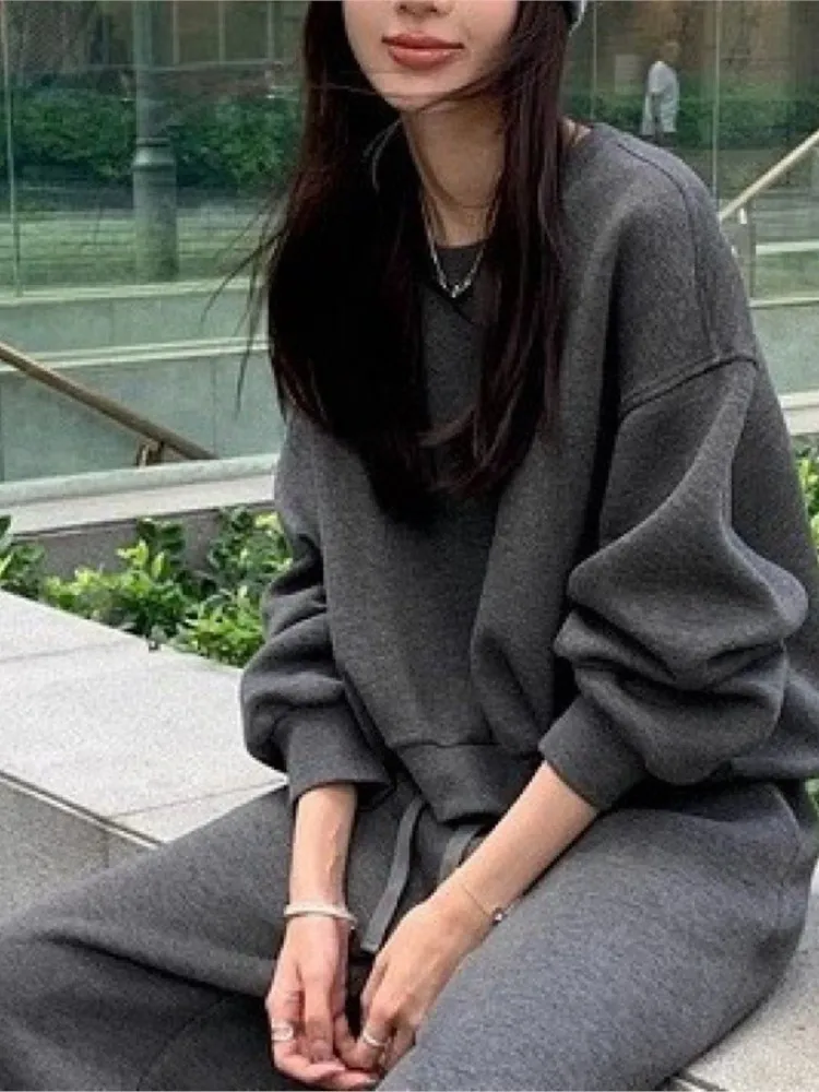 Pullover Sweatshirt + Wide Leg Pant Sets O Neck Tops Sweatpants Woman Tracksuit Gray Cotton Blend Loose Winter Female Outfits