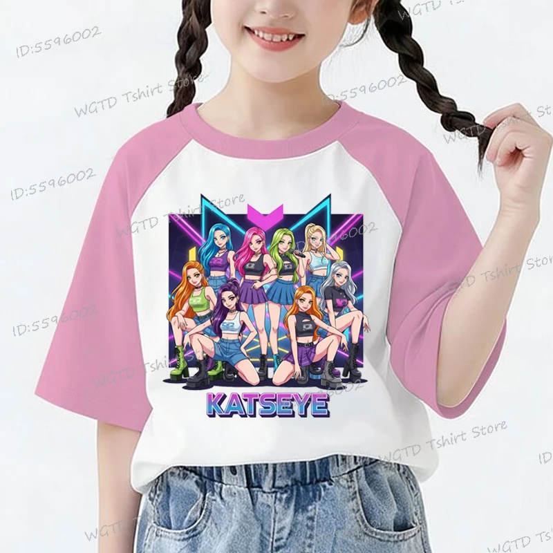 New Katseye Print T-Shirt Harajuku Street Style Girls Tshirt Color-Block Tops Crewneck Tees KATSEYE Print Children's Clothing