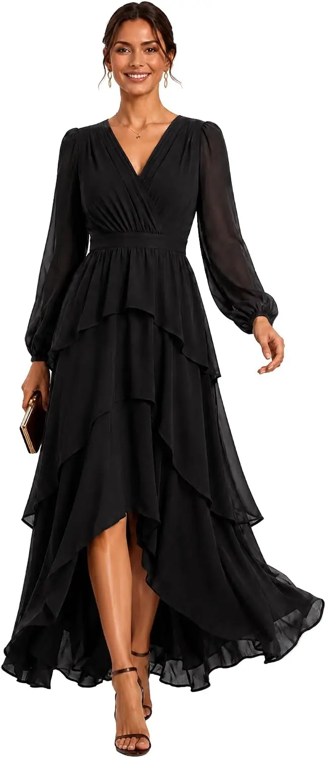 Long Sleeve Fall Cocktail Wedding Guest Midi Dresses High Low Formal Dresses