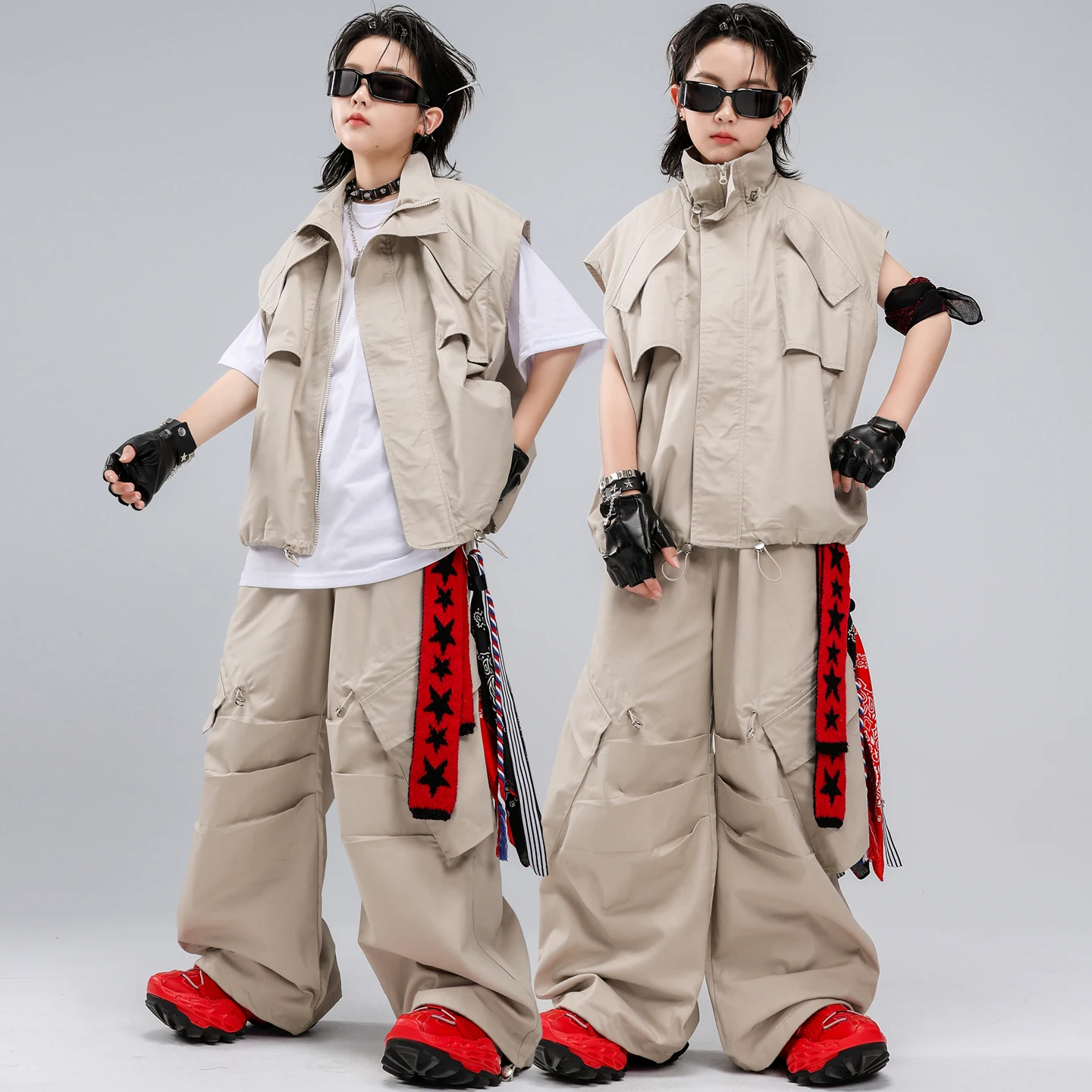 Kids Khaki Tactical Hip Hop Dance Outfit Cargo Pants Set with T-Shirt for Boys Girls Street Wear Jazz Performance Competition view 5