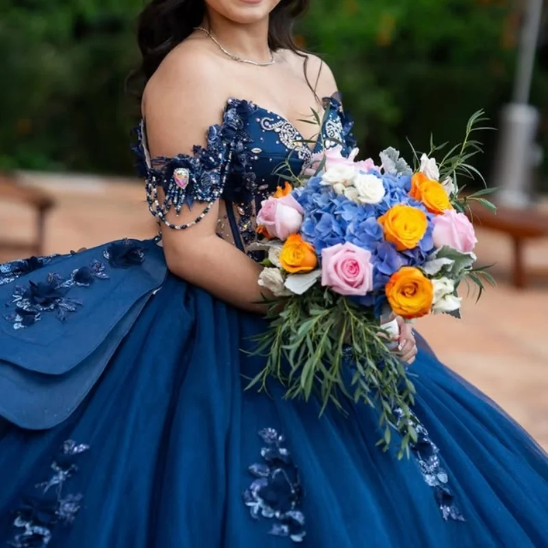 

Dark Blue Quinceanera Dresses off-shoulder Decal Glitter Lace Layering 3D Flower Long tail Vestido De 15 Quinceanera Customize
